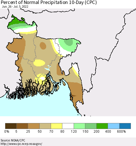 Bangladesh Percent of Normal Precipitation 10-Day (CPC) Thematic Map For 6/26/2022 - 7/5/2022