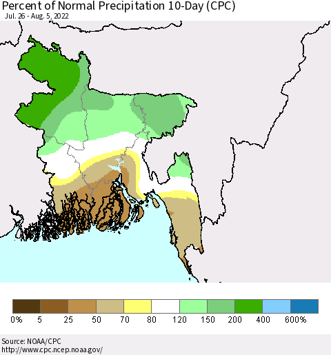 Bangladesh Percent of Normal Precipitation 10-Day (CPC) Thematic Map For 7/26/2022 - 8/5/2022