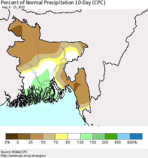 Bangladesh Percent of Normal Precipitation 10-Day (CPC) Thematic Map For 8/6/2022 - 8/15/2022