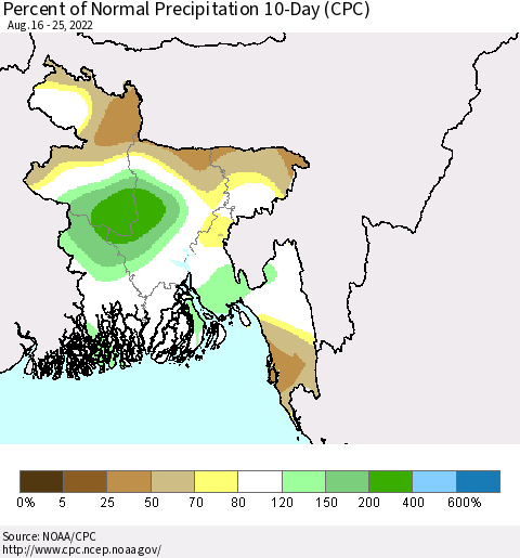Bangladesh Percent of Normal Precipitation 10-Day (CPC) Thematic Map For 8/16/2022 - 8/25/2022
