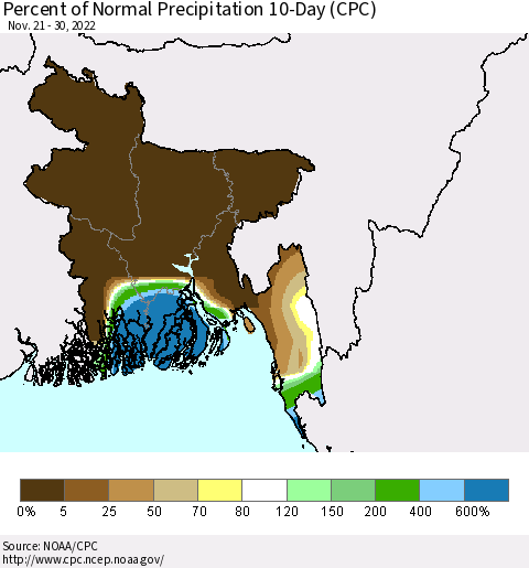 Bangladesh Percent of Normal Precipitation 10-Day (CPC) Thematic Map For 11/21/2022 - 11/30/2022