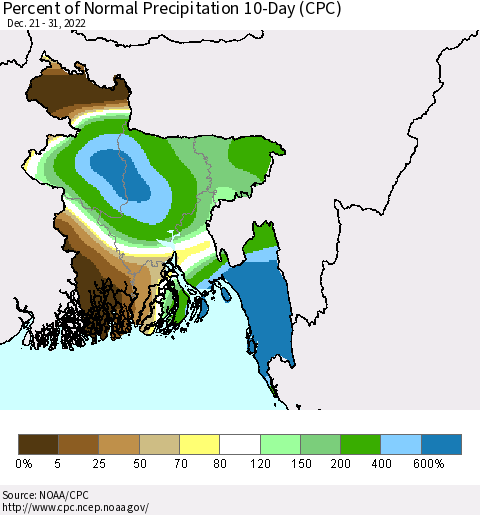 Bangladesh Percent of Normal Precipitation 10-Day (CPC) Thematic Map For 12/21/2022 - 12/31/2022