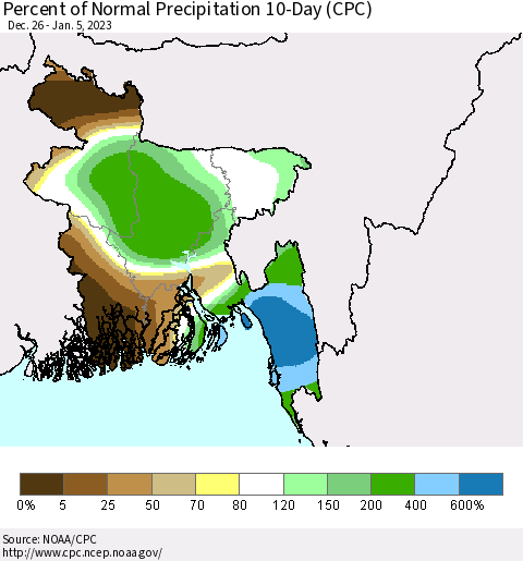 Bangladesh Percent of Normal Precipitation 10-Day (CPC) Thematic Map For 12/26/2022 - 1/5/2023