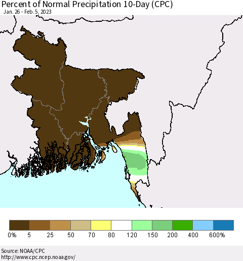 Bangladesh Percent of Normal Precipitation 10-Day (CPC) Thematic Map For 1/26/2023 - 2/5/2023