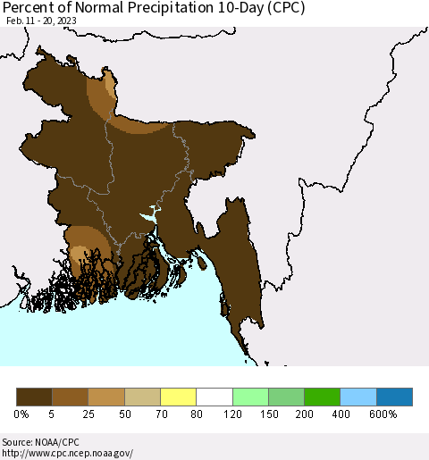 Bangladesh Percent of Normal Precipitation 10-Day (CPC) Thematic Map For 2/11/2023 - 2/20/2023