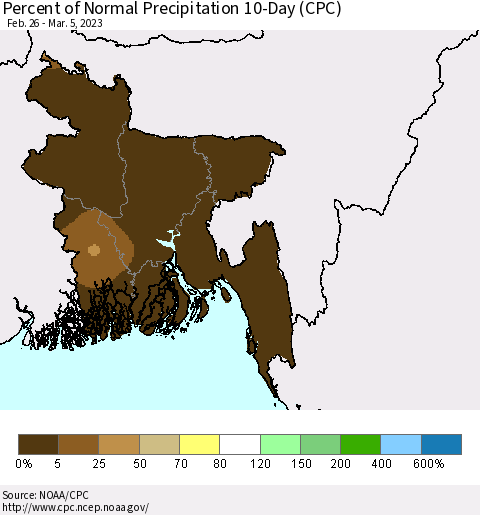 Bangladesh Percent of Normal Precipitation 10-Day (CPC) Thematic Map For 2/26/2023 - 3/5/2023