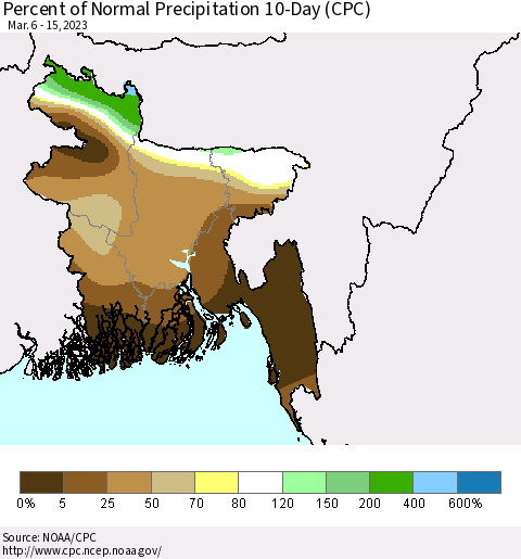 Bangladesh Percent of Normal Precipitation 10-Day (CPC) Thematic Map For 3/6/2023 - 3/15/2023