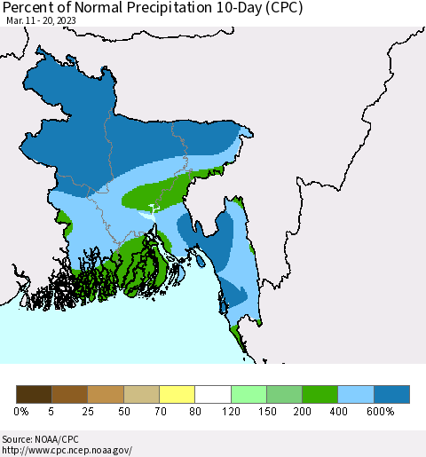 Bangladesh Percent of Normal Precipitation 10-Day (CPC) Thematic Map For 3/11/2023 - 3/20/2023
