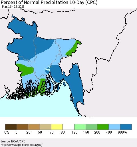 Bangladesh Percent of Normal Precipitation 10-Day (CPC) Thematic Map For 3/16/2023 - 3/25/2023