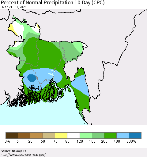 Bangladesh Percent of Normal Precipitation 10-Day (CPC) Thematic Map For 3/21/2023 - 3/31/2023