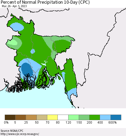 Bangladesh Percent of Normal Precipitation 10-Day (CPC) Thematic Map For 3/26/2023 - 4/5/2023