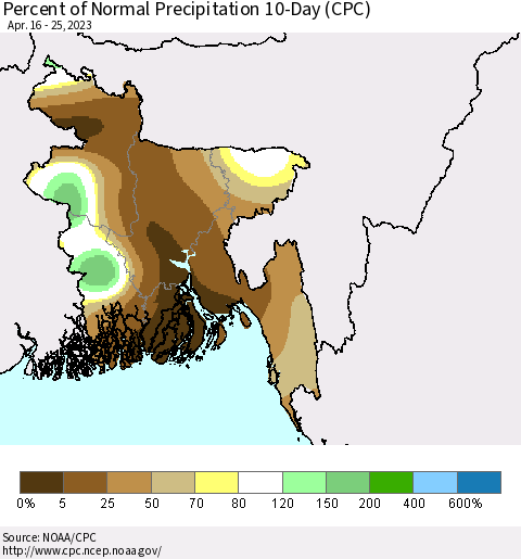 Bangladesh Percent of Normal Precipitation 10-Day (CPC) Thematic Map For 4/16/2023 - 4/25/2023