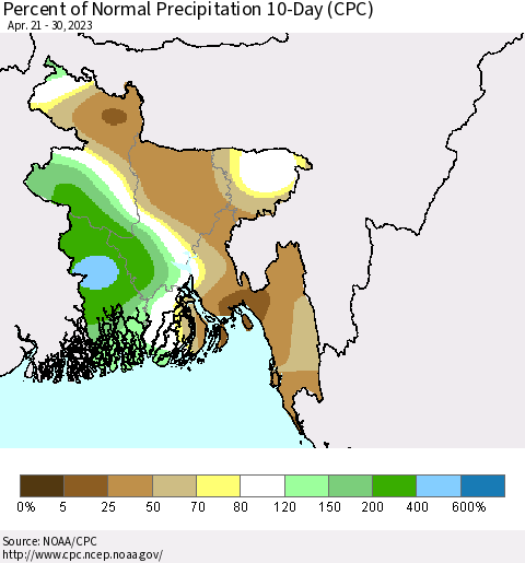 Bangladesh Percent of Normal Precipitation 10-Day (CPC) Thematic Map For 4/21/2023 - 4/30/2023