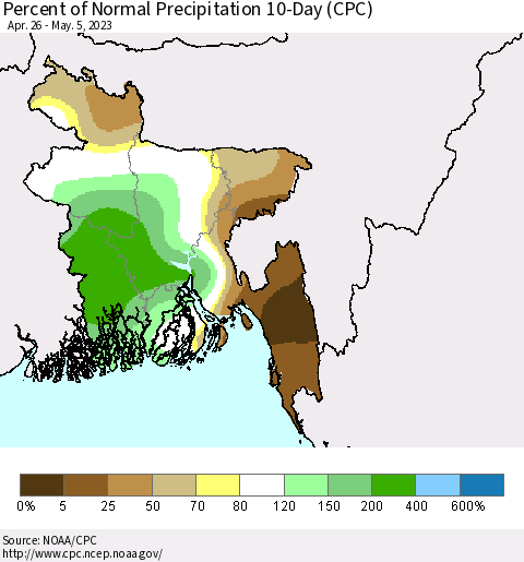 Bangladesh Percent of Normal Precipitation 10-Day (CPC) Thematic Map For 4/26/2023 - 5/5/2023