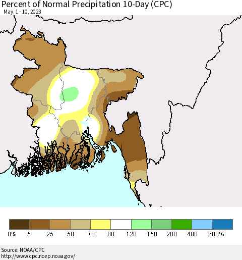 Bangladesh Percent of Normal Precipitation 10-Day (CPC) Thematic Map For 5/1/2023 - 5/10/2023