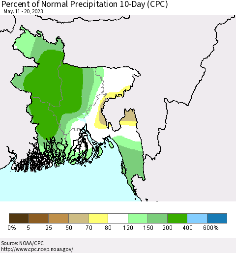 Bangladesh Percent of Normal Precipitation 10-Day (CPC) Thematic Map For 5/11/2023 - 5/20/2023