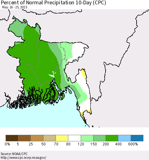 Bangladesh Percent of Normal Precipitation 10-Day (CPC) Thematic Map For 5/16/2023 - 5/25/2023
