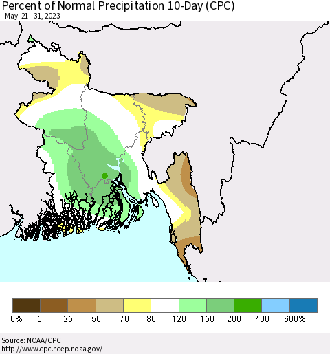 Bangladesh Percent of Normal Precipitation 10-Day (CPC) Thematic Map For 5/21/2023 - 5/31/2023