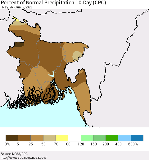 Bangladesh Percent of Normal Precipitation 10-Day (CPC) Thematic Map For 5/26/2023 - 6/5/2023