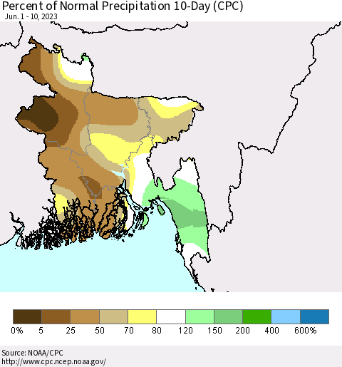 Bangladesh Percent of Normal Precipitation 10-Day (CPC) Thematic Map For 6/1/2023 - 6/10/2023