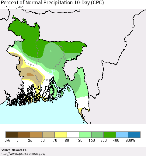 Bangladesh Percent of Normal Precipitation 10-Day (CPC) Thematic Map For 6/6/2023 - 6/15/2023