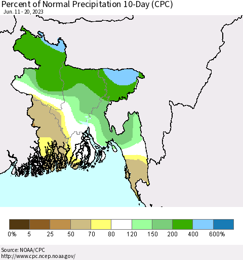 Bangladesh Percent of Normal Precipitation 10-Day (CPC) Thematic Map For 6/11/2023 - 6/20/2023