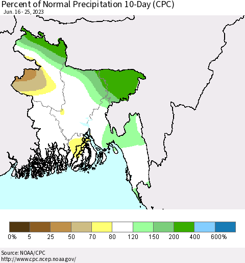 Bangladesh Percent of Normal Precipitation 10-Day (CPC) Thematic Map For 6/16/2023 - 6/25/2023