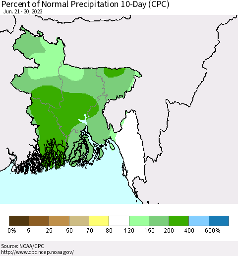Bangladesh Percent of Normal Precipitation 10-Day (CPC) Thematic Map For 6/21/2023 - 6/30/2023