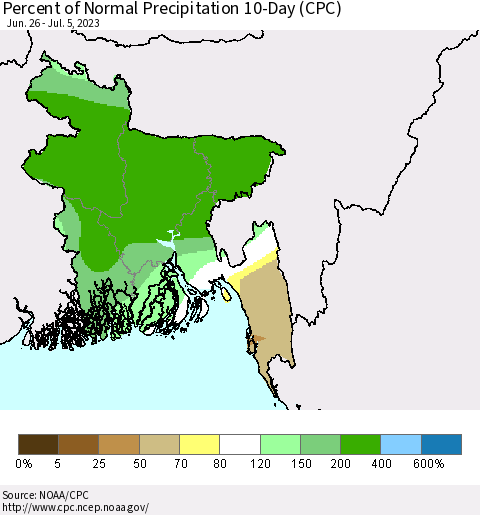Bangladesh Percent of Normal Precipitation 10-Day (CPC) Thematic Map For 6/26/2023 - 7/5/2023