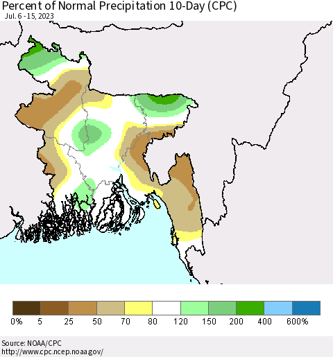 Bangladesh Percent of Normal Precipitation 10-Day (CPC) Thematic Map For 7/6/2023 - 7/15/2023
