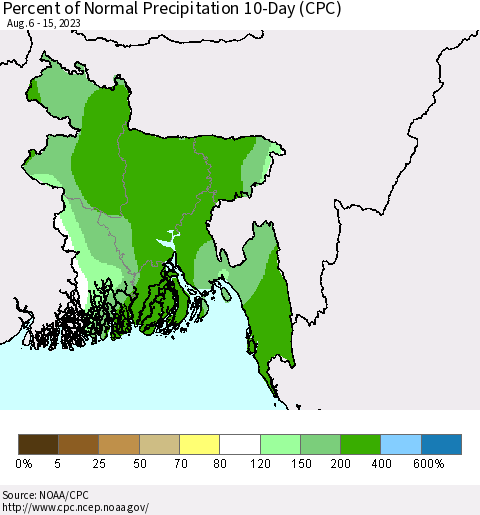 Bangladesh Percent of Normal Precipitation 10-Day (CPC) Thematic Map For 8/6/2023 - 8/15/2023