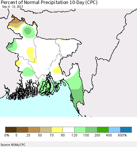 Bangladesh Percent of Normal Precipitation 10-Day (CPC) Thematic Map For 9/6/2023 - 9/15/2023