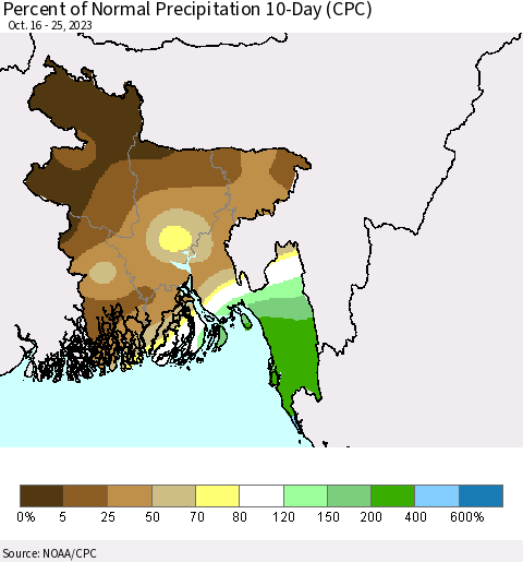 Bangladesh Percent of Normal Precipitation 10-Day (CPC) Thematic Map For 10/16/2023 - 10/25/2023