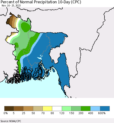 Bangladesh Percent of Normal Precipitation 10-Day (CPC) Thematic Map For 11/16/2023 - 11/25/2023