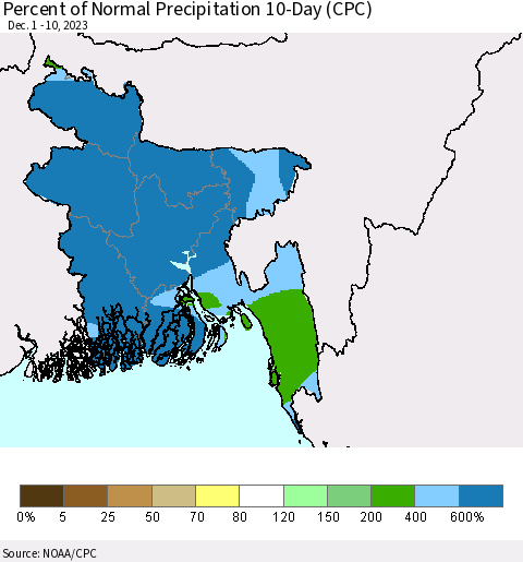 Bangladesh Percent of Normal Precipitation 10-Day (CPC) Thematic Map For 12/1/2023 - 12/10/2023