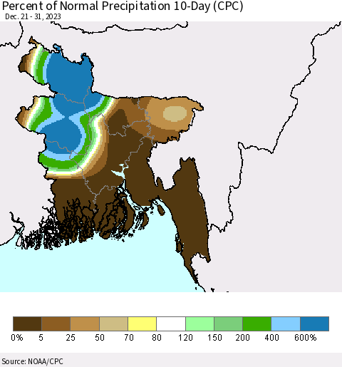 Bangladesh Percent of Normal Precipitation 10-Day (CPC) Thematic Map For 12/21/2023 - 12/31/2023