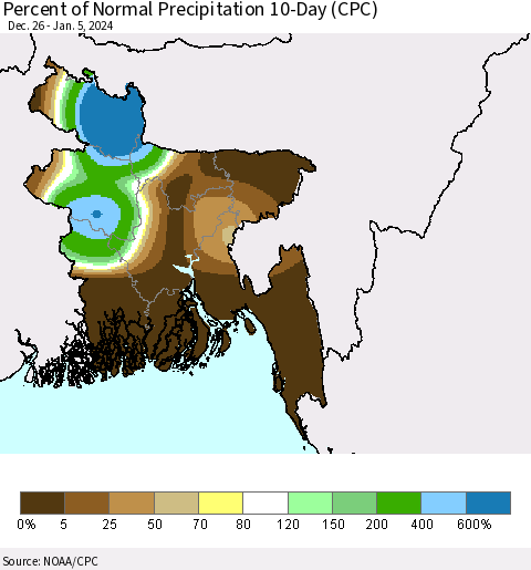 Bangladesh Percent of Normal Precipitation 10-Day (CPC) Thematic Map For 12/26/2023 - 1/5/2024