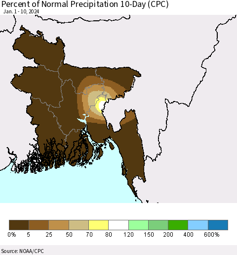 Bangladesh Percent of Normal Precipitation 10-Day (CPC) Thematic Map For 1/1/2024 - 1/10/2024