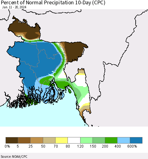 Bangladesh Percent of Normal Precipitation 10-Day (CPC) Thematic Map For 1/11/2024 - 1/20/2024