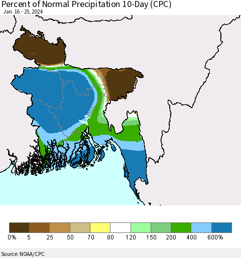 Bangladesh Percent of Normal Precipitation 10-Day (CPC) Thematic Map For 1/16/2024 - 1/25/2024