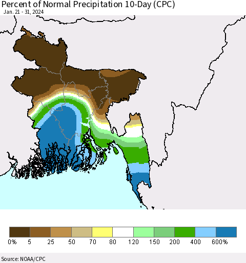 Bangladesh Percent of Normal Precipitation 10-Day (CPC) Thematic Map For 1/21/2024 - 1/31/2024