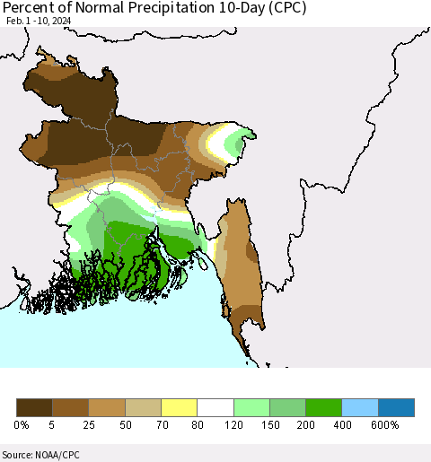 Bangladesh Percent of Normal Precipitation 10-Day (CPC) Thematic Map For 2/1/2024 - 2/10/2024