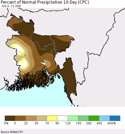 Bangladesh Percent of Normal Precipitation 10-Day (CPC) Thematic Map For 2/6/2024 - 2/15/2024