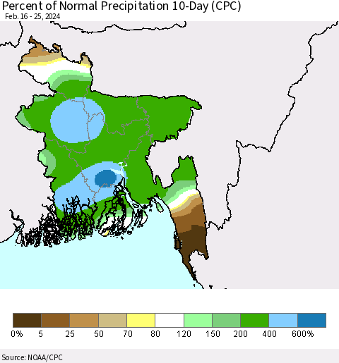 Bangladesh Percent of Normal Precipitation 10-Day (CPC) Thematic Map For 2/16/2024 - 2/25/2024