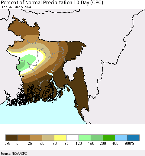 Bangladesh Percent of Normal Precipitation 10-Day (CPC) Thematic Map For 2/26/2024 - 3/5/2024