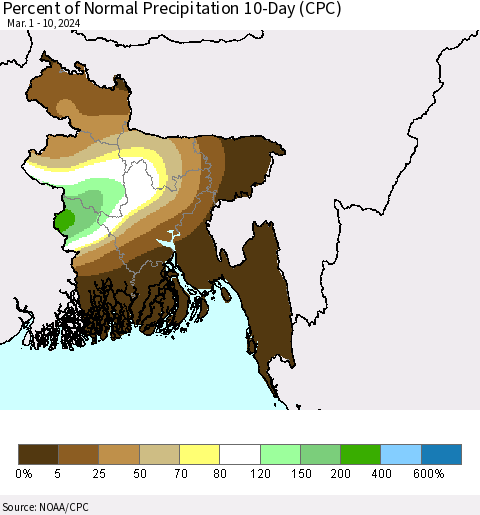Bangladesh Percent of Normal Precipitation 10-Day (CPC) Thematic Map For 3/1/2024 - 3/10/2024