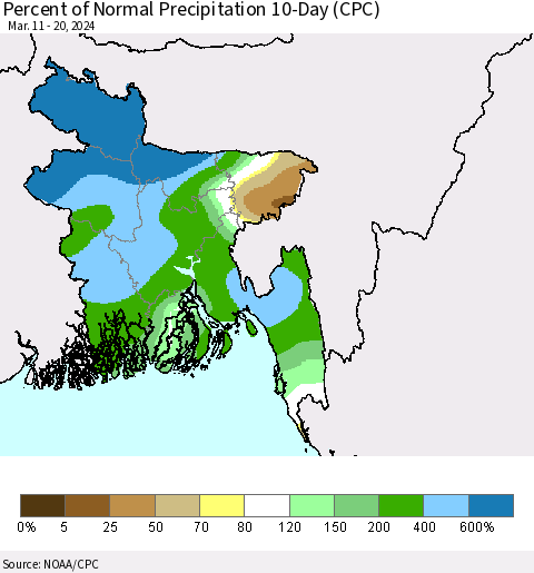 Bangladesh Percent of Normal Precipitation 10-Day (CPC) Thematic Map For 3/11/2024 - 3/20/2024