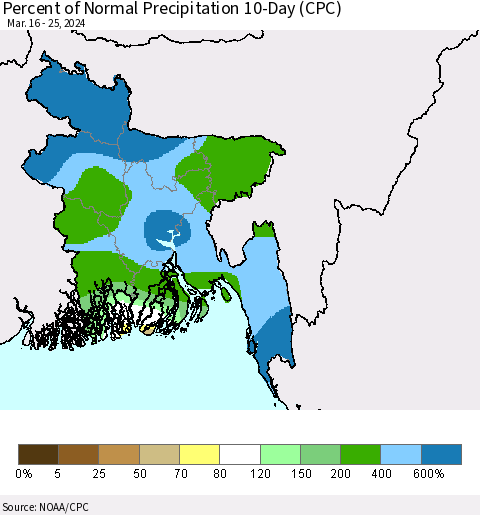 Bangladesh Percent of Normal Precipitation 10-Day (CPC) Thematic Map For 3/16/2024 - 3/25/2024