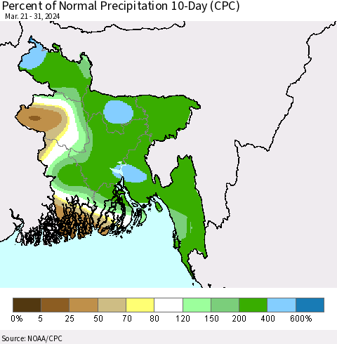 Bangladesh Percent of Normal Precipitation 10-Day (CPC) Thematic Map For 3/21/2024 - 3/31/2024