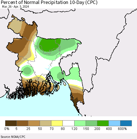 Bangladesh Percent of Normal Precipitation 10-Day (CPC) Thematic Map For 3/26/2024 - 4/5/2024